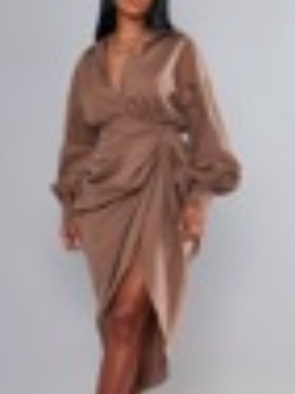 PrettyLittleThing Taupe Wrap Midi Dress with Balloon Sleeves